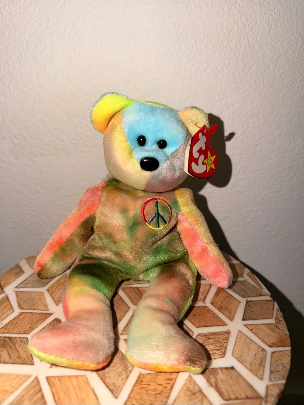 Ty Multicolor Tie-Dye Peace Bear Plush - Blue, Yellow, Green, Pink